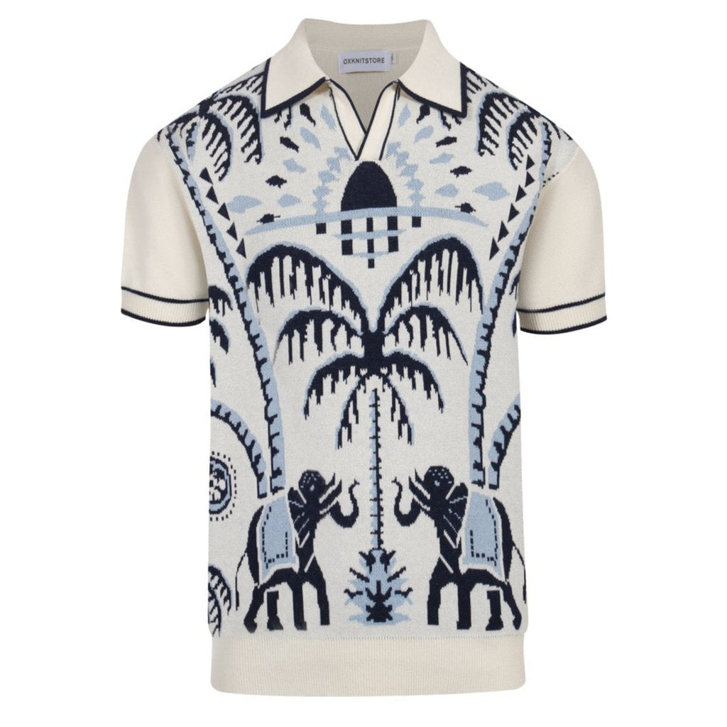 Men's safari jacquard polo shirt with elephant and palm tree motifs