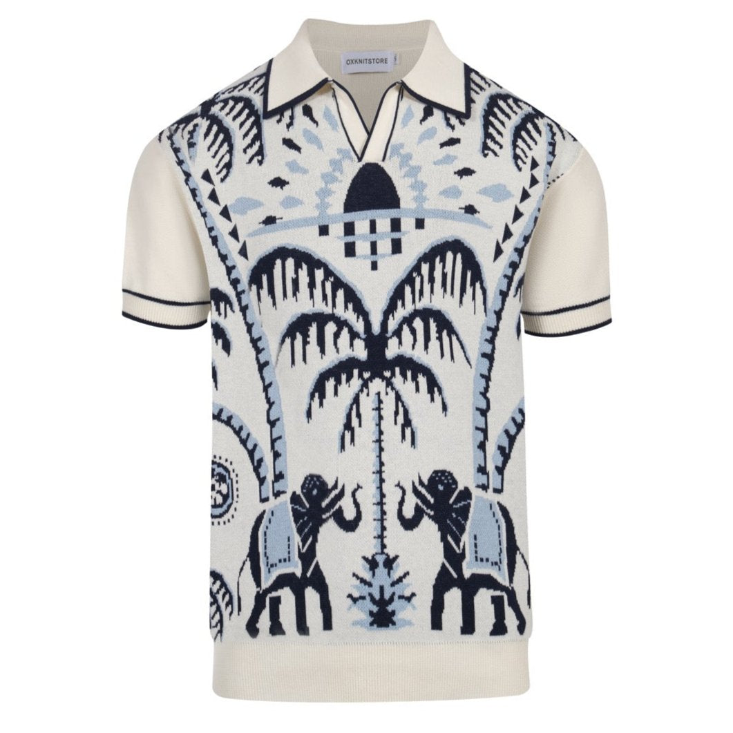 Men's safari jacquard polo shirt with elephant and palm tree motifs