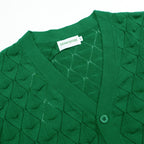 Men's green textured knit cardigan with V-neck and short sleeves