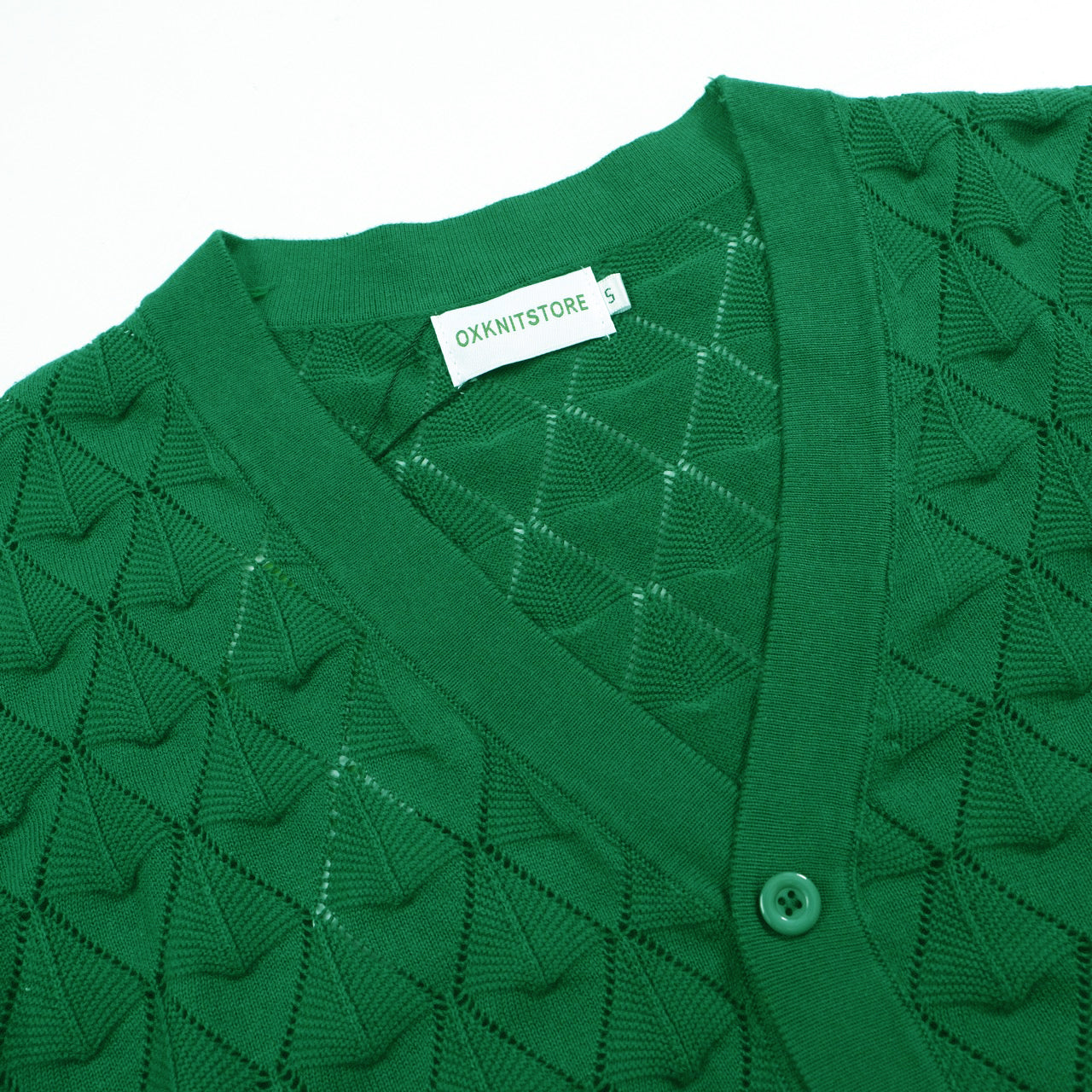 Men's green textured knit cardigan with V-neck and short sleeves