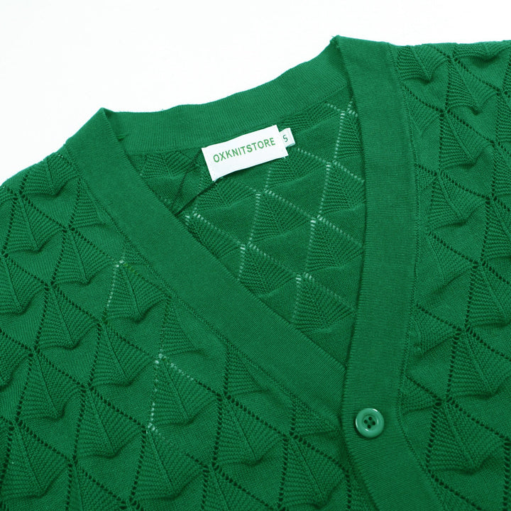 Men's green textured knit cardigan with V-neck and short sleeves