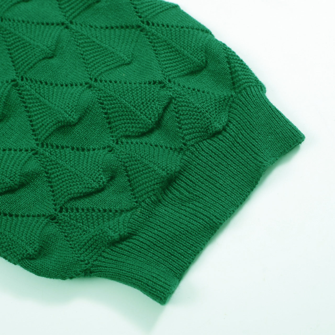 Men's green textured knit cardigan with V-neck and short sleeves