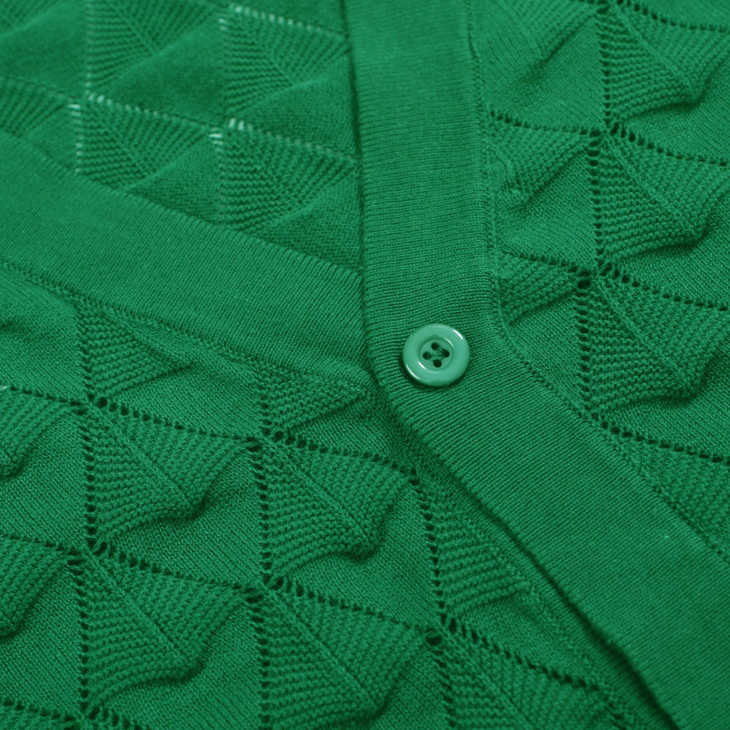 Men's green textured knit cardigan with V-neck and short sleeves