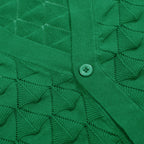 Men's green textured knit cardigan with V-neck and short sleeves