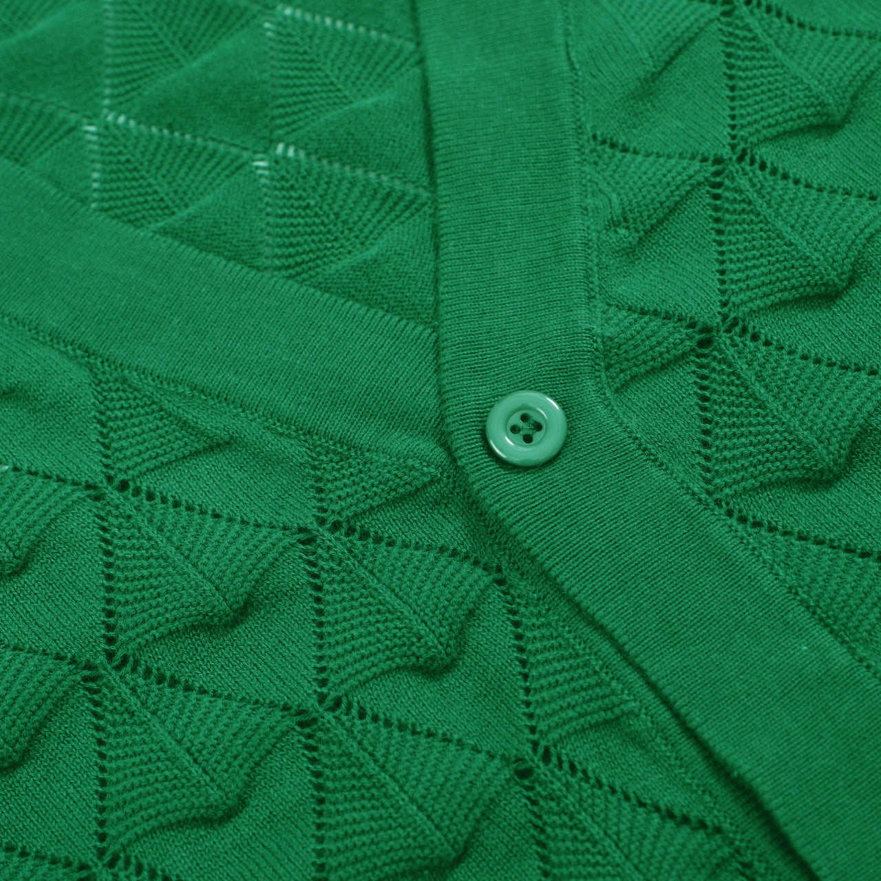 Men's green textured knit cardigan with V-neck and short sleeves