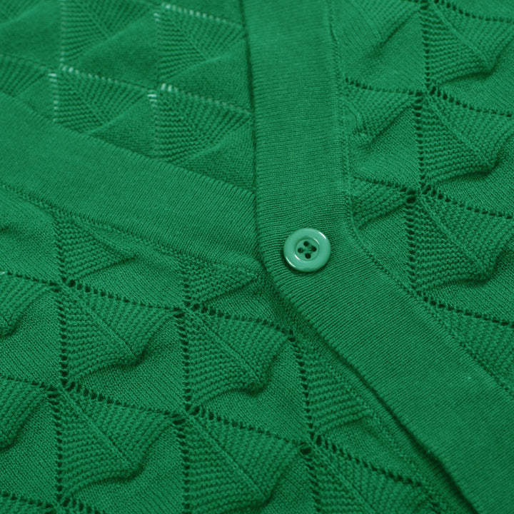 Men's green textured knit cardigan with V-neck and short sleeves