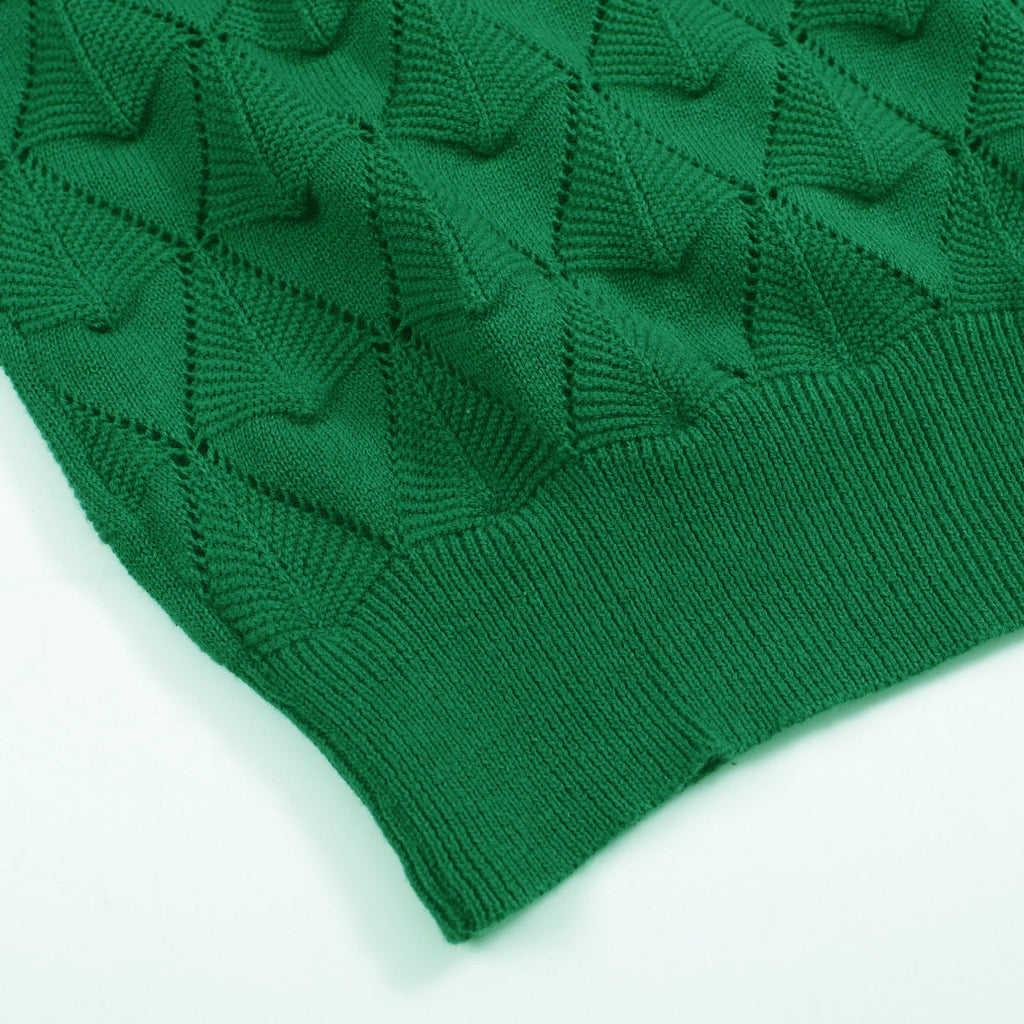 Men's green textured knit cardigan with V-neck and short sleeves