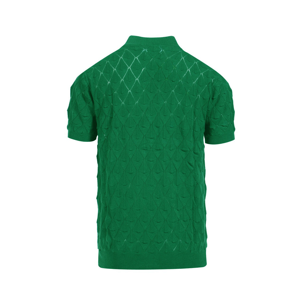 Men's green textured knit cardigan with V-neck and short sleeves