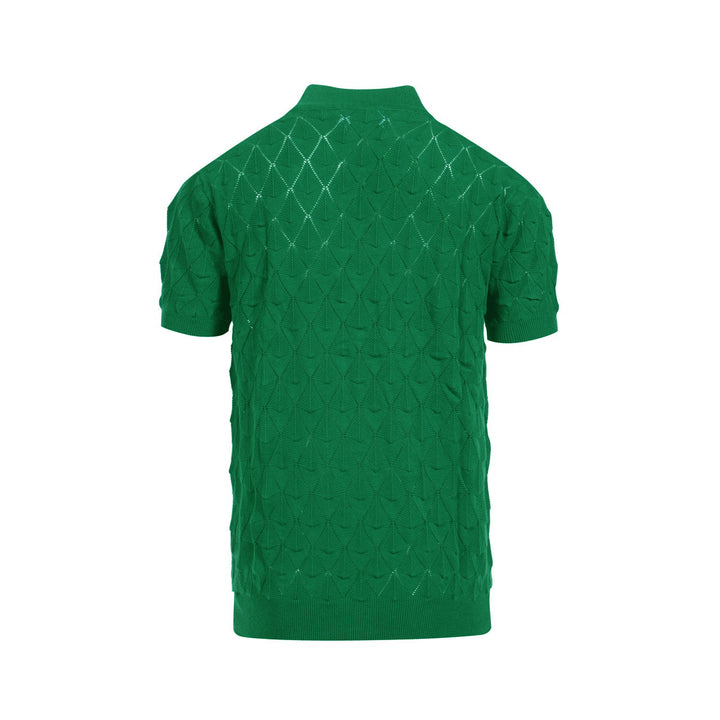 Men's green textured knit cardigan with V-neck and short sleeves
