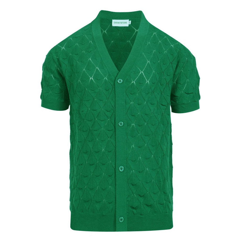 Men's green textured knit cardigan with V-neck and short sleeves