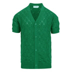 Men's green textured knit cardigan with V-neck and short sleeves