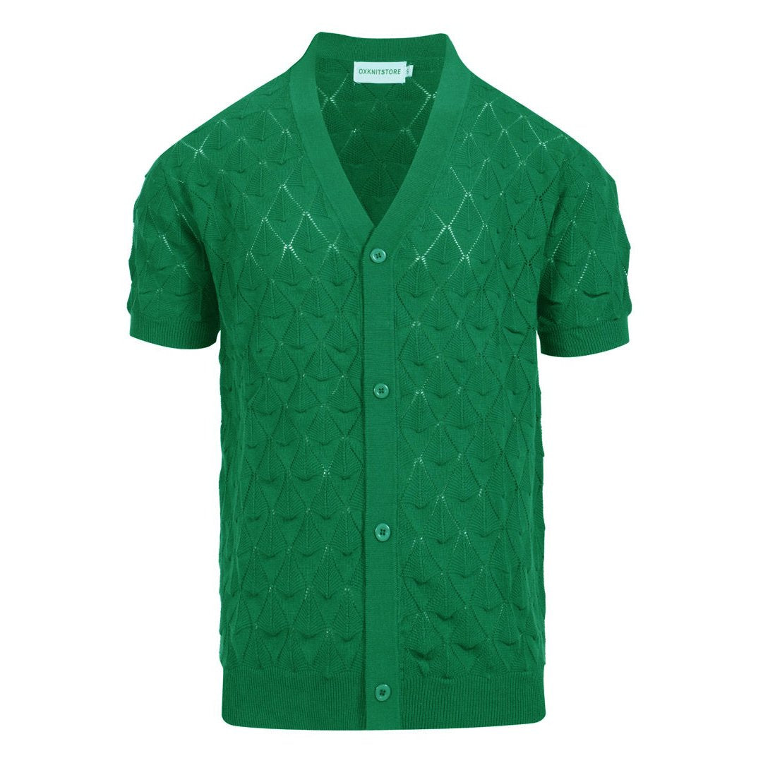 Men's green textured knit cardigan with V-neck and short sleeves