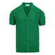 Men's green textured knit cardigan with V-neck and short sleeves