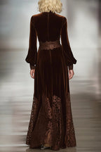 Women's brown velvet maxi dress with turtleneck, balloon sleeves and lace hem