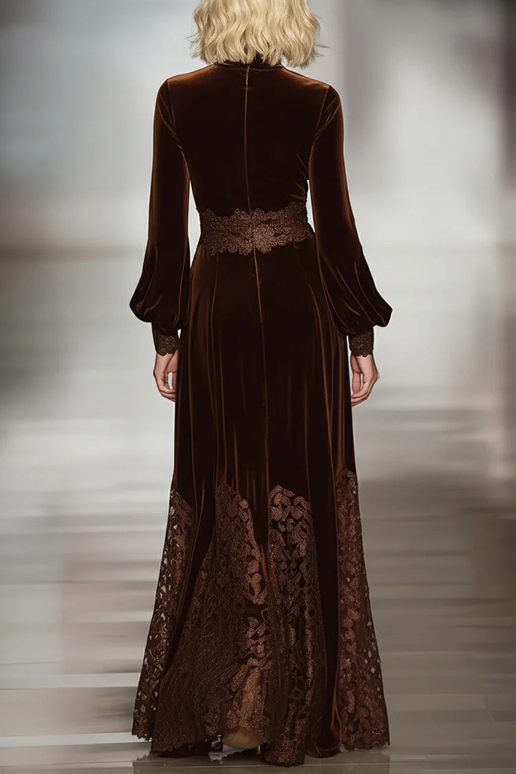 Women's brown velvet maxi dress with turtleneck, balloon sleeves and lace hem