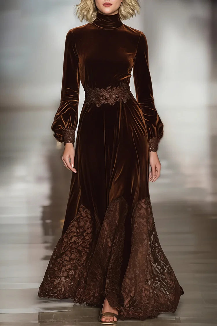 Women's brown velvet maxi dress with turtleneck, balloon sleeves and lace hem
