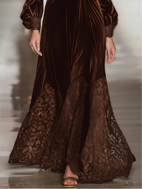 Women's brown velvet maxi dress with turtleneck, balloon sleeves and lace hem