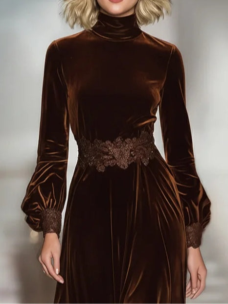 Women's brown velvet maxi dress with turtleneck, balloon sleeves and lace hem