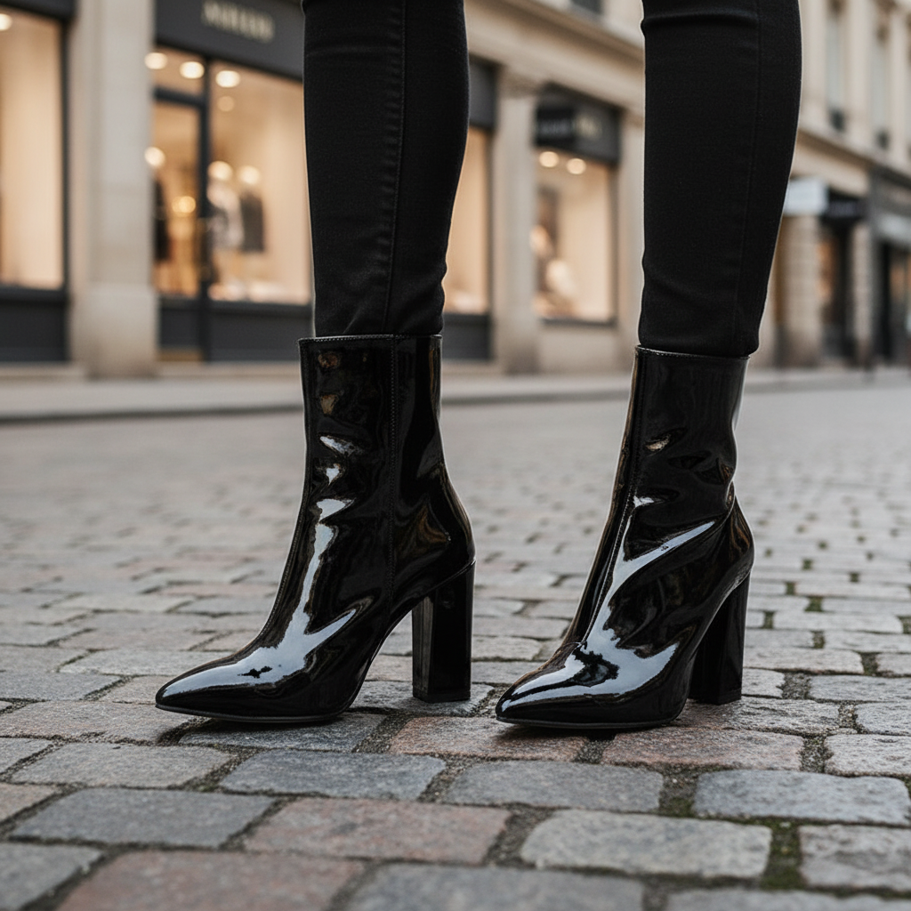 Women's patent ankle boots with pointed toes and high block heels