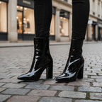 Women's patent ankle boots with pointed toes and high block heels