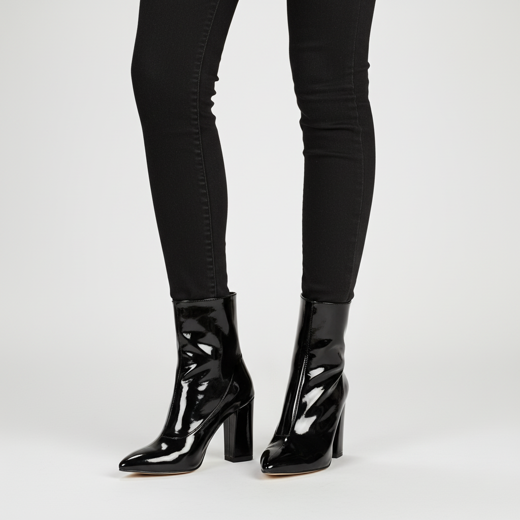 Women's patent ankle boots with pointed toes and high block heels