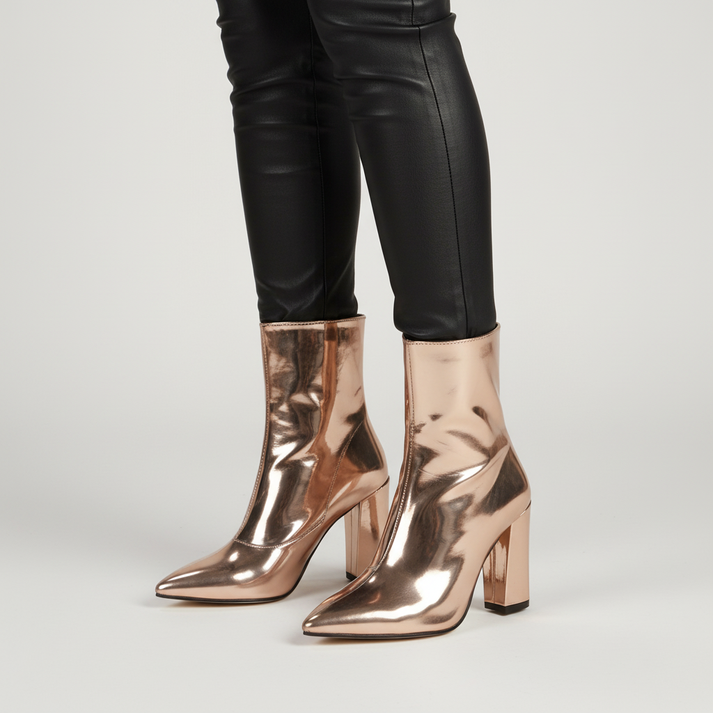 Women's patent ankle boots with pointed toes and high block heels