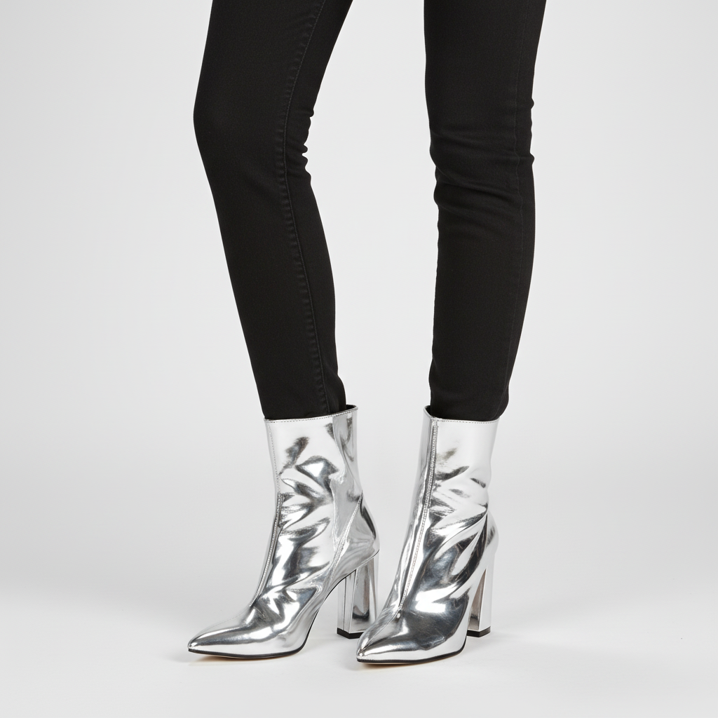 Women's patent ankle boots with pointed toes and high block heels