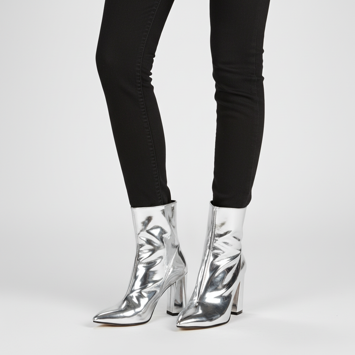 Women's patent ankle boots with pointed toes and high block heels