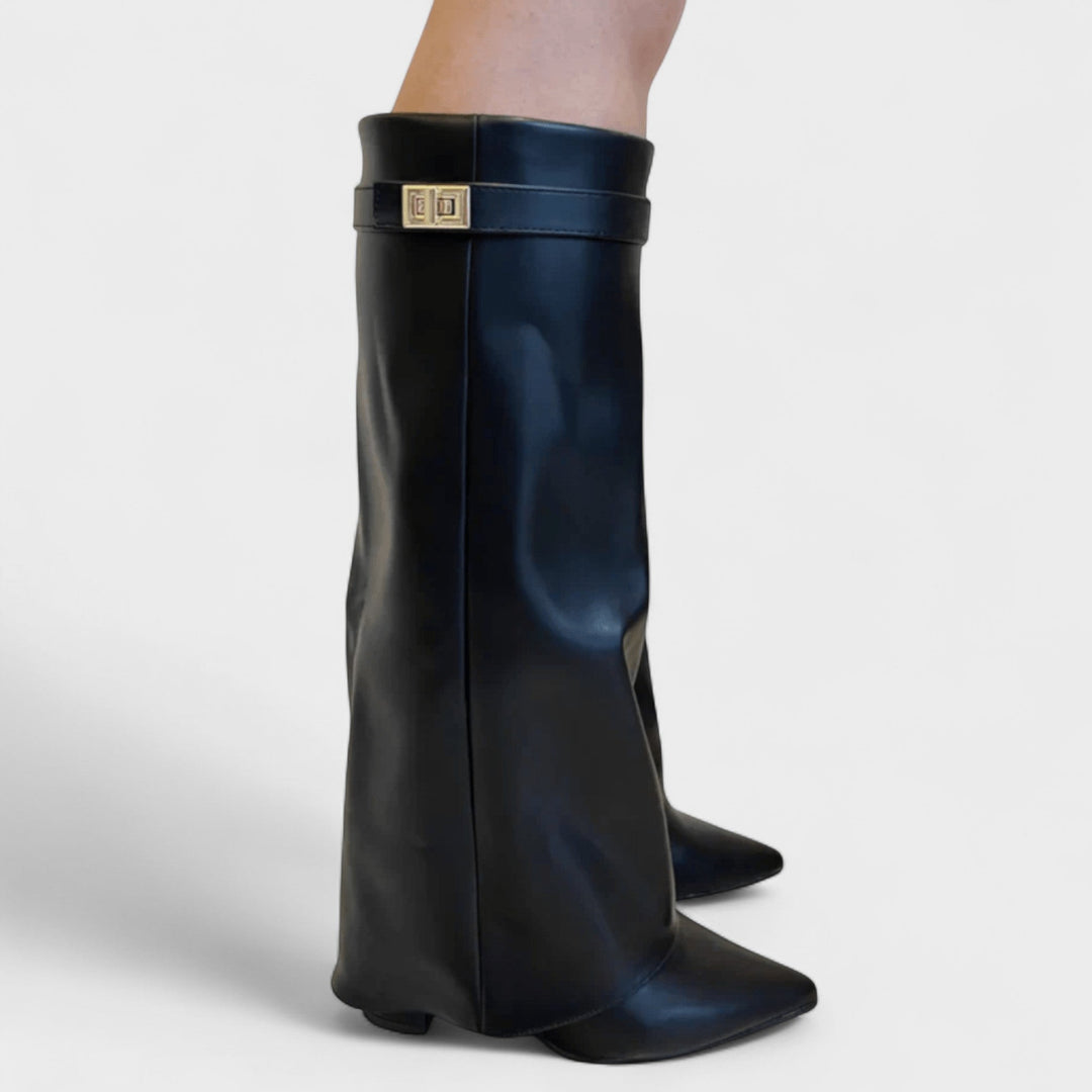 Women's knee-high pointed-toe boots with foldover cuffs and low block heels