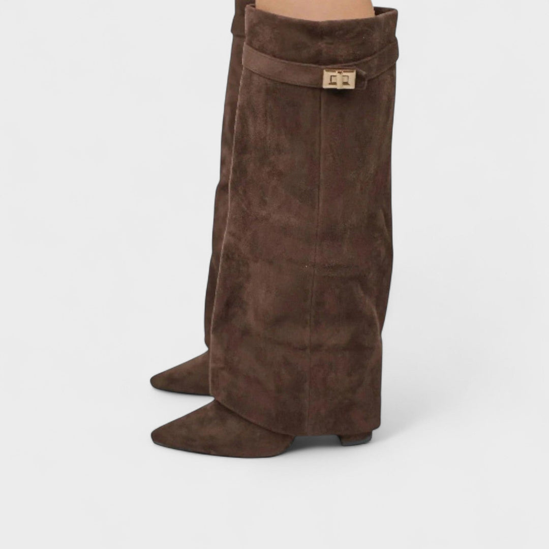 Women's knee-high pointed-toe boots with foldover cuffs and low block heels