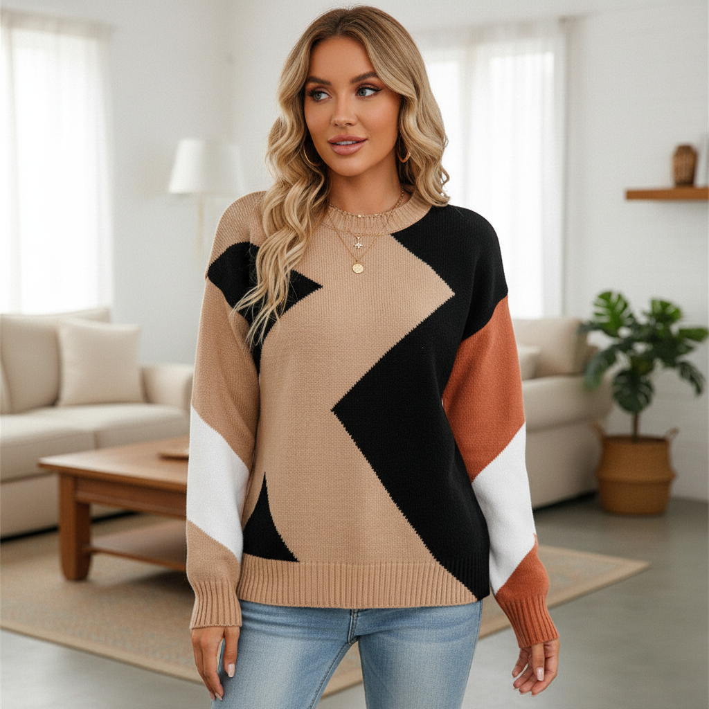 Women's geometric patchwork sweater with contrasting colour panels
