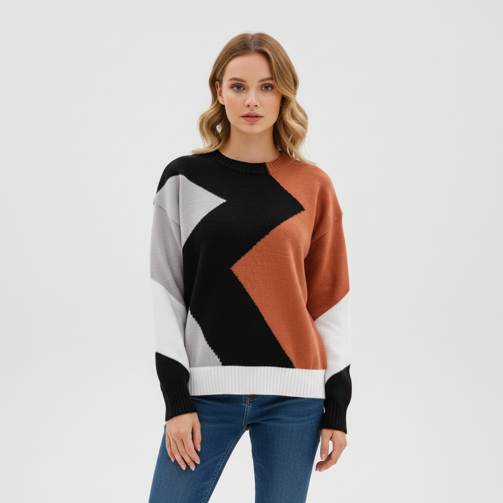 Women's geometric patchwork sweater with contrasting colour panels
