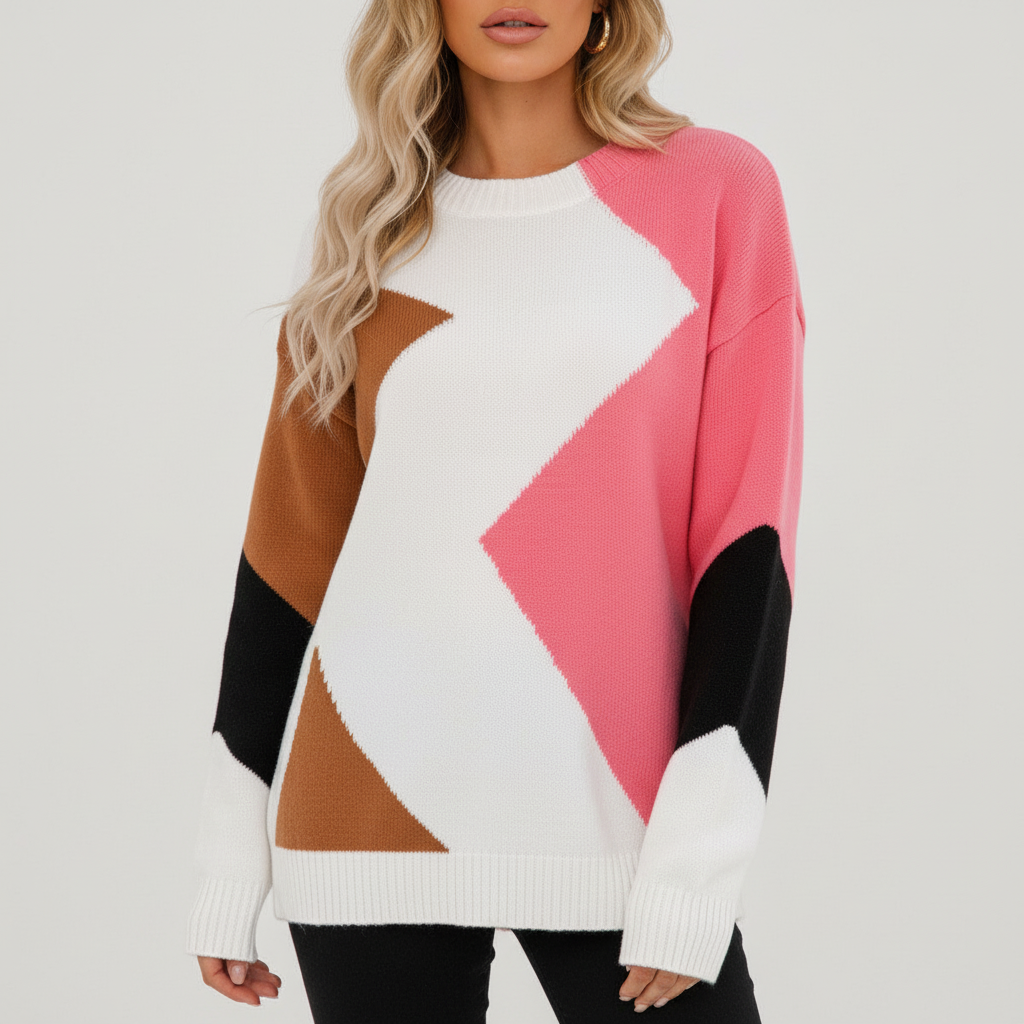 Women's geometric patchwork sweater with contrasting colour panels