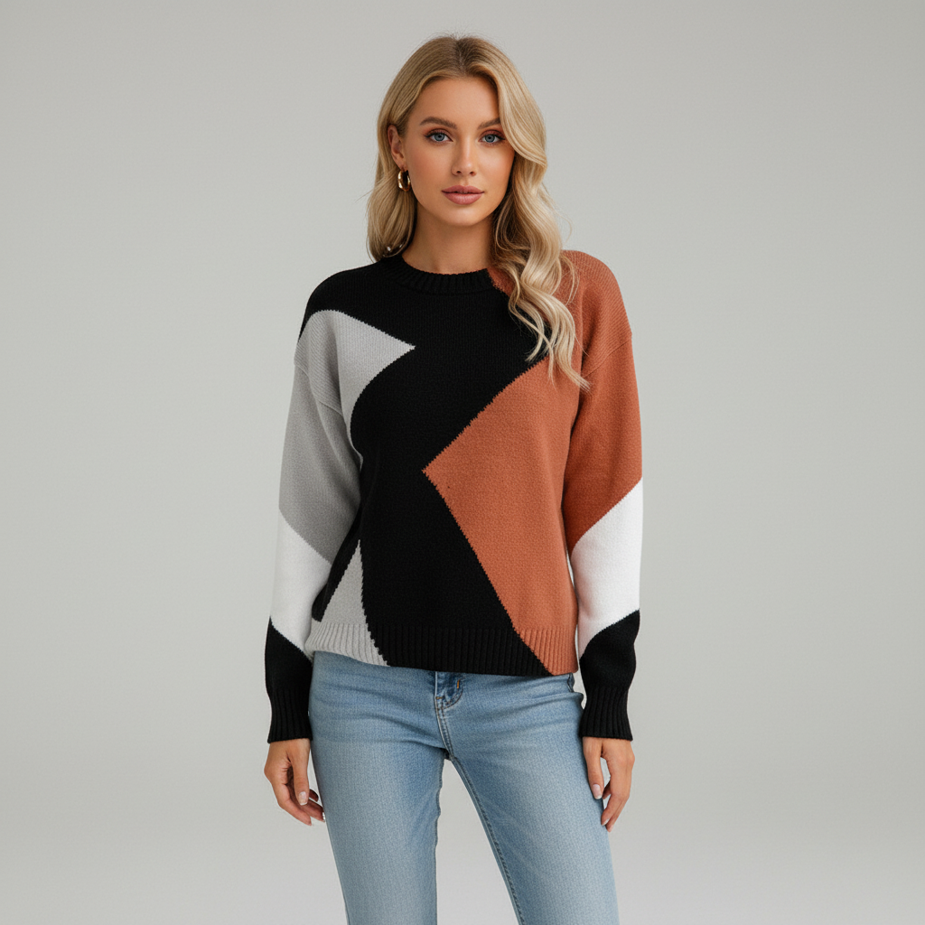 Women's geometric patchwork sweater with contrasting colour panels