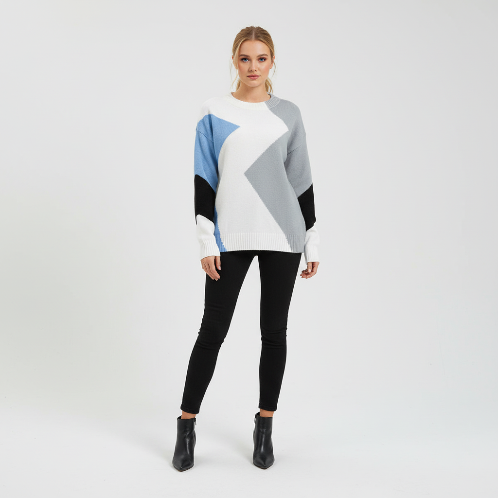 Women's geometric patchwork sweater with contrasting colour panels