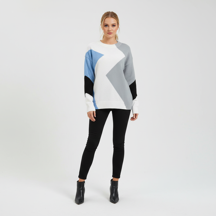 Women's geometric patchwork sweater with contrasting colour panels