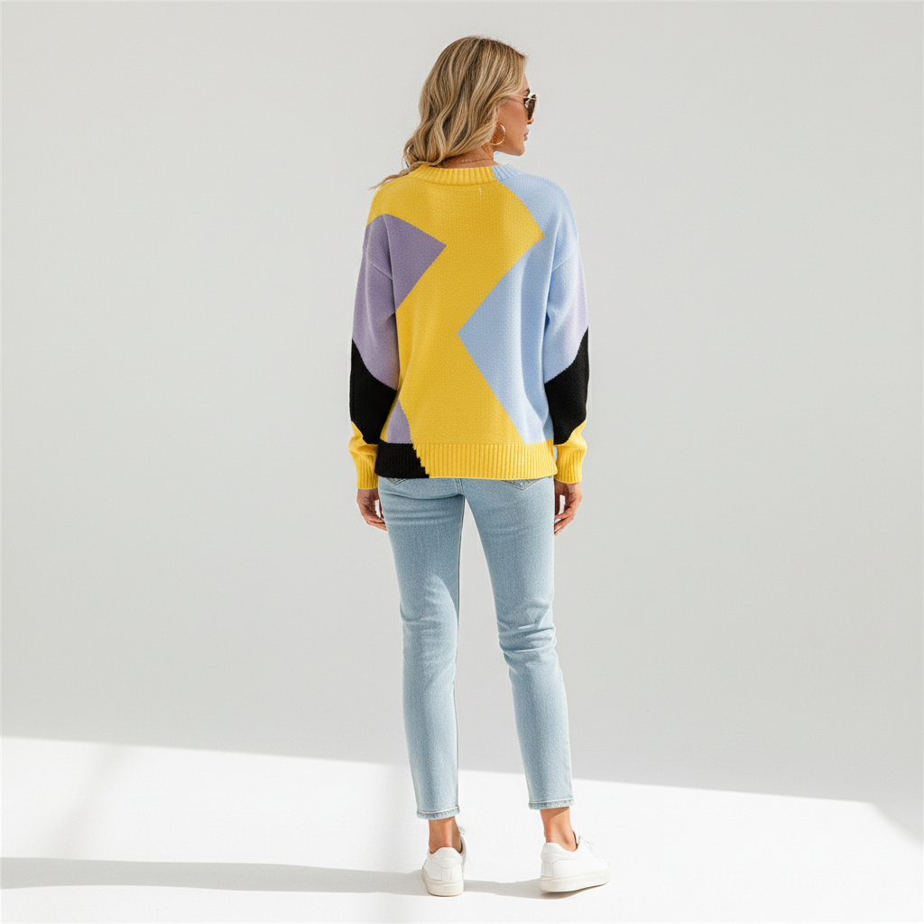 Women's geometric patchwork sweater with contrasting colour panels