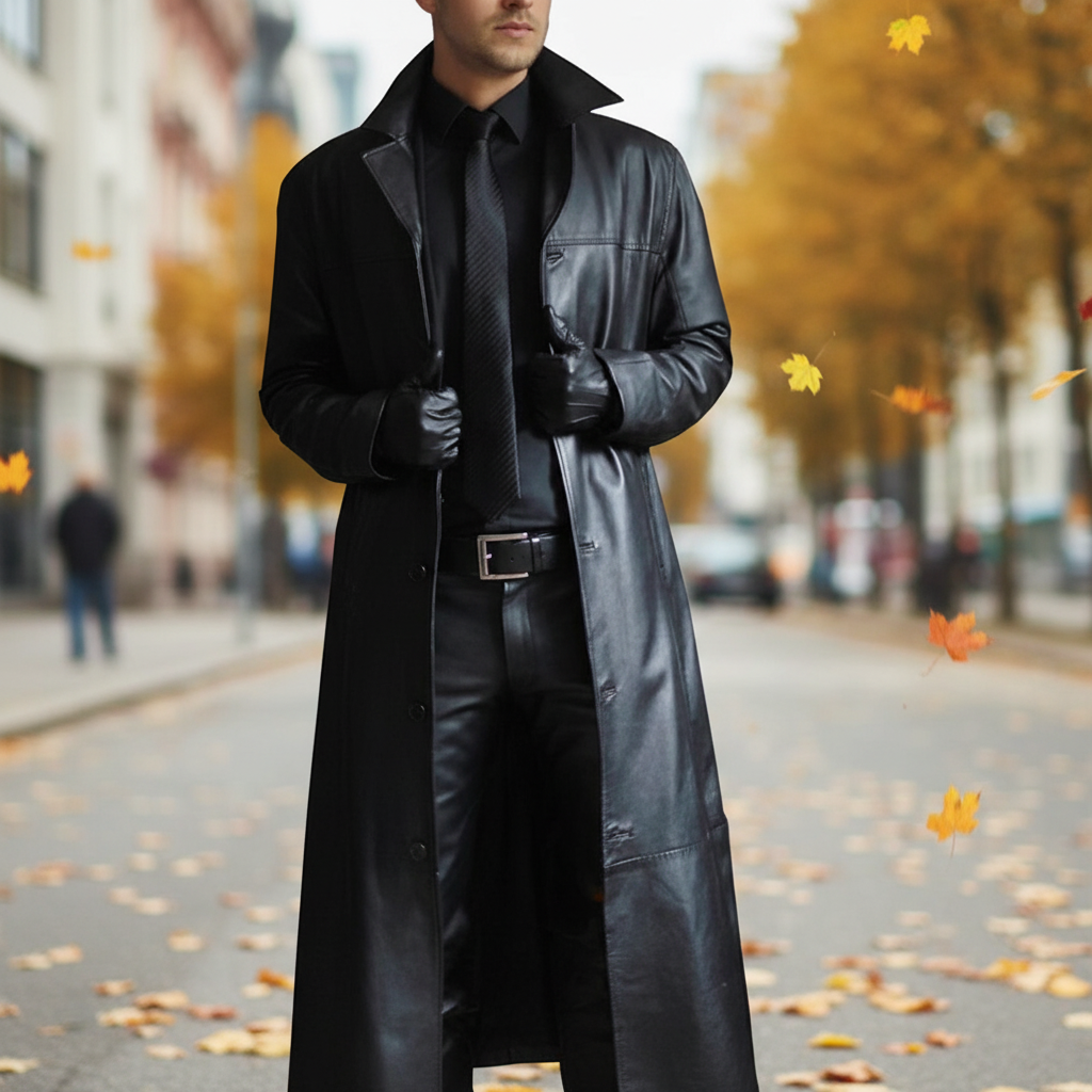 Men's long coat with notched lapel, long sleeves and button front