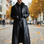 Men's long coat with notched lapel, long sleeves and button front