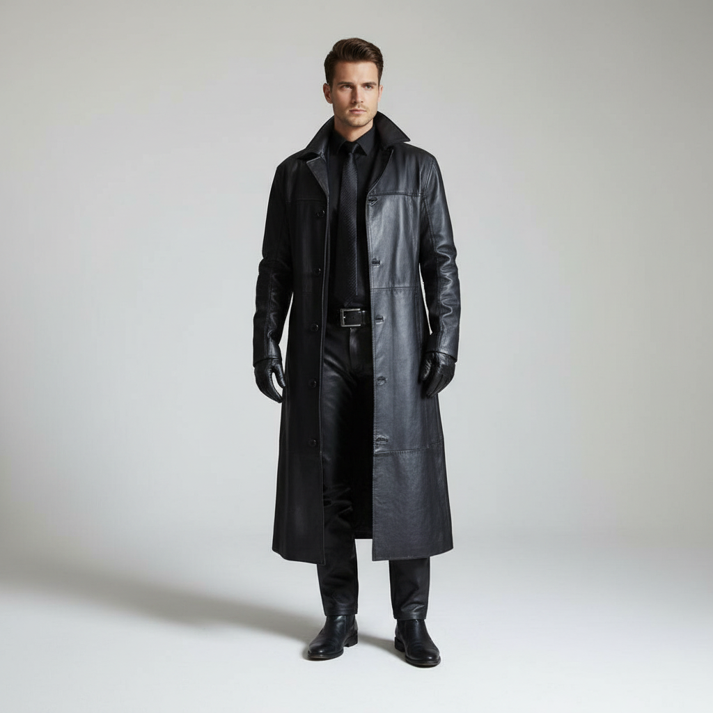 Men's long coat with notched lapel, long sleeves and button front
