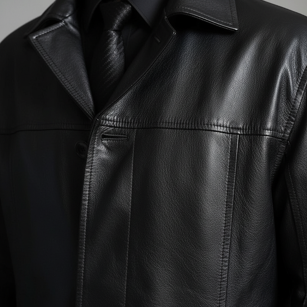 Men's long coat with notched lapel, long sleeves and button front