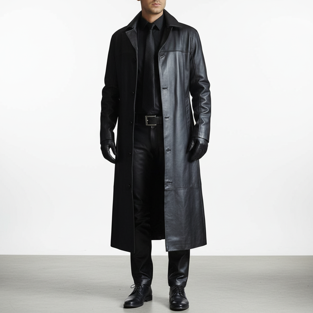 Men's long coat with notched lapel, long sleeves and button front