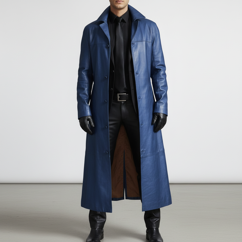 Men's long coat with notched lapel, long sleeves and button front