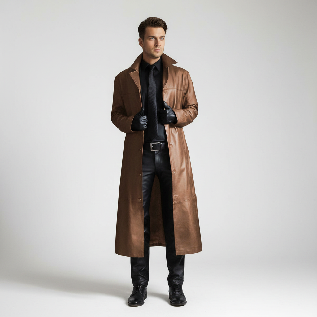 Men's long coat with notched lapel, long sleeves and button front
