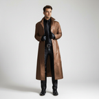 Men's long coat with notched lapel, long sleeves and button front
