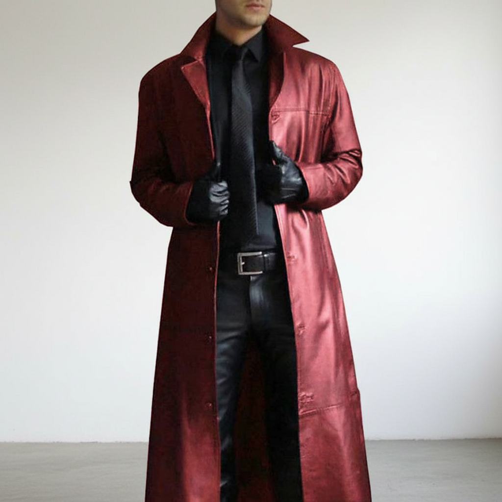 Men's long coat with notched lapel, long sleeves and button front