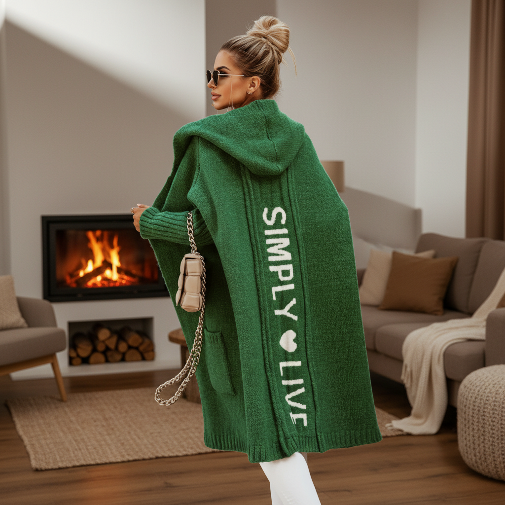 Woman wearing a longline hooded cardigan with vertical text and heart detail