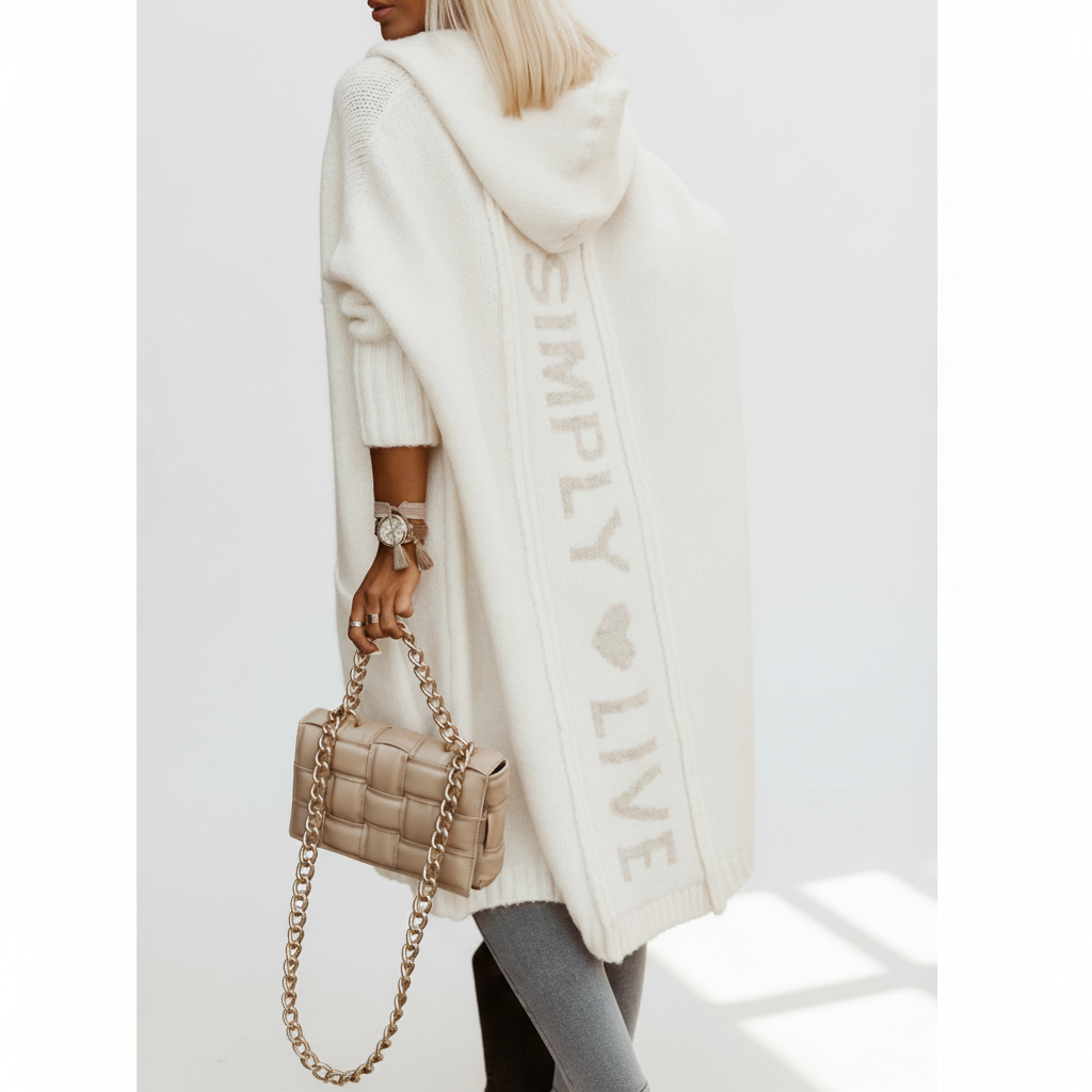 Woman wearing a longline hooded cardigan with vertical text and heart detail