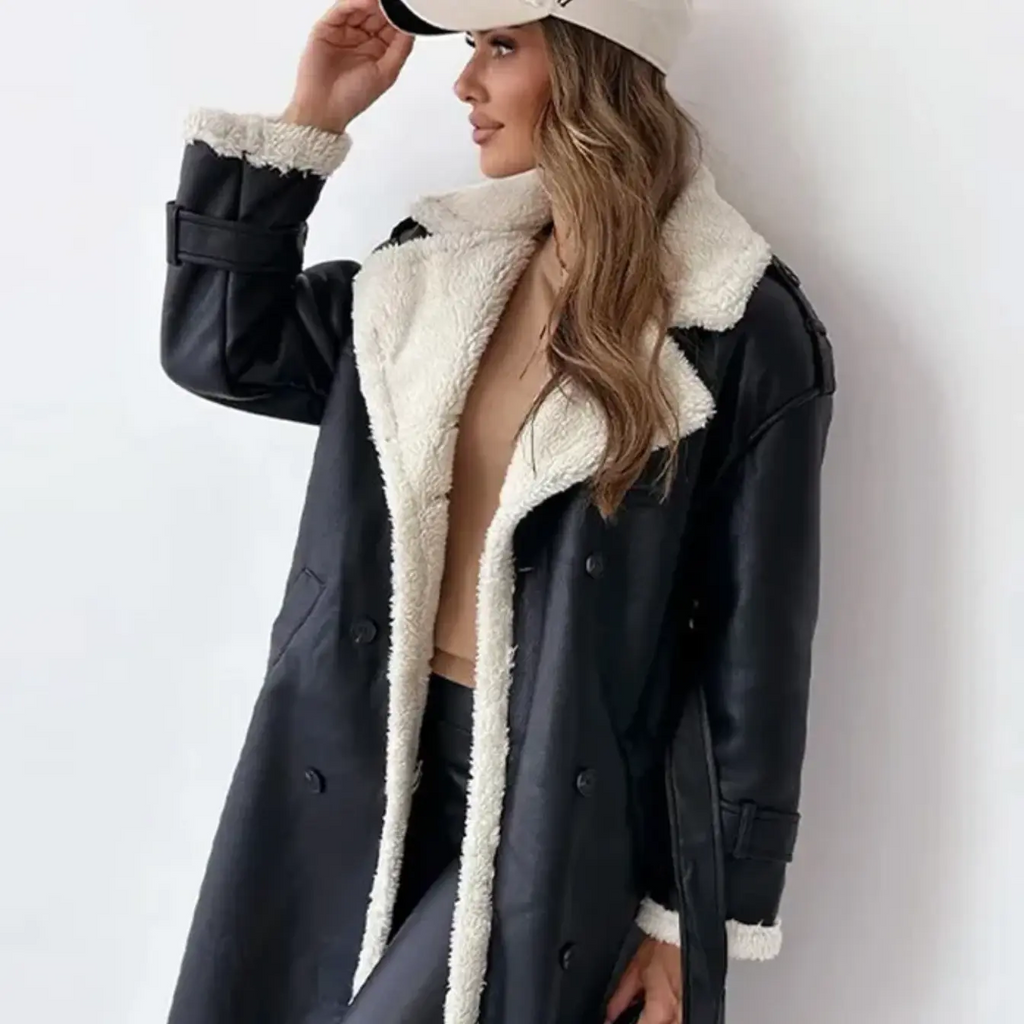 Women's long coat with contrasting shearling-style trim