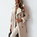 Women's long coat with contrasting shearling-style trim